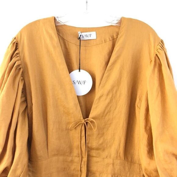 REVOLVE SWF Linen Romper Puff Sleeve V-Neck in Desert Gold NWT Feminine - Picture 8 of 8